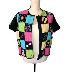 Michael Simon Size M Shirt Embroidered Patchwork Color Block Summer Beach Black